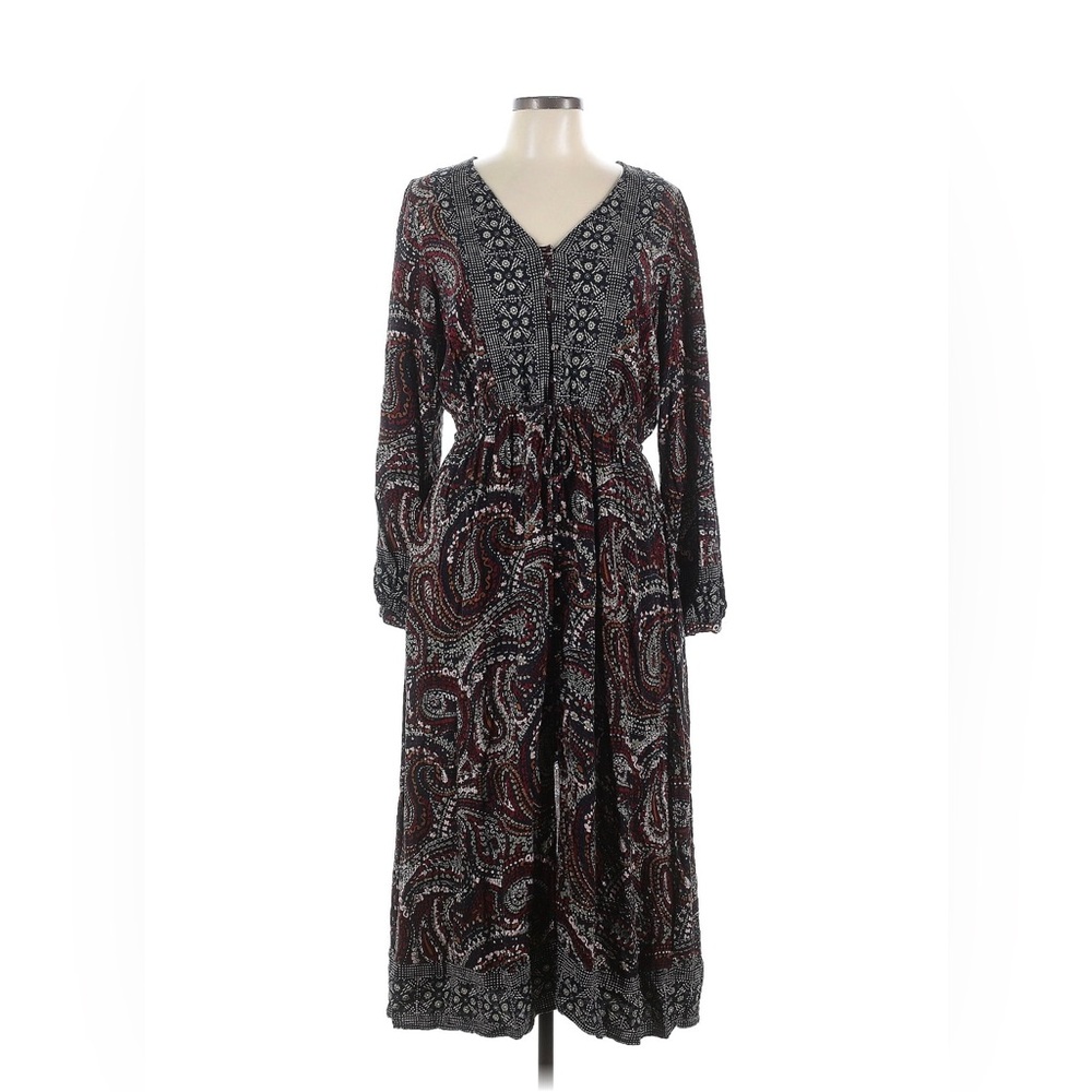 Knox Rose Black & Burgundy Paisley V-Neck Long Sleeve Maxi Dress 100% Rayon